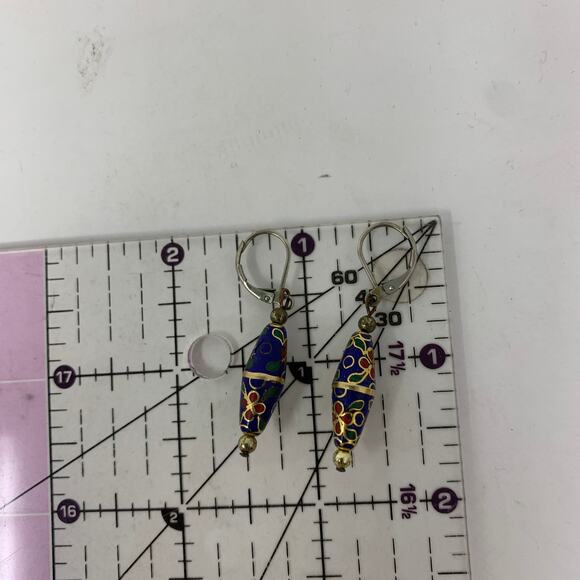 Unbranded Cloisonne Blue Flower Gold Tone Trim Dangle Drop Earrings - Picture 3 of 3